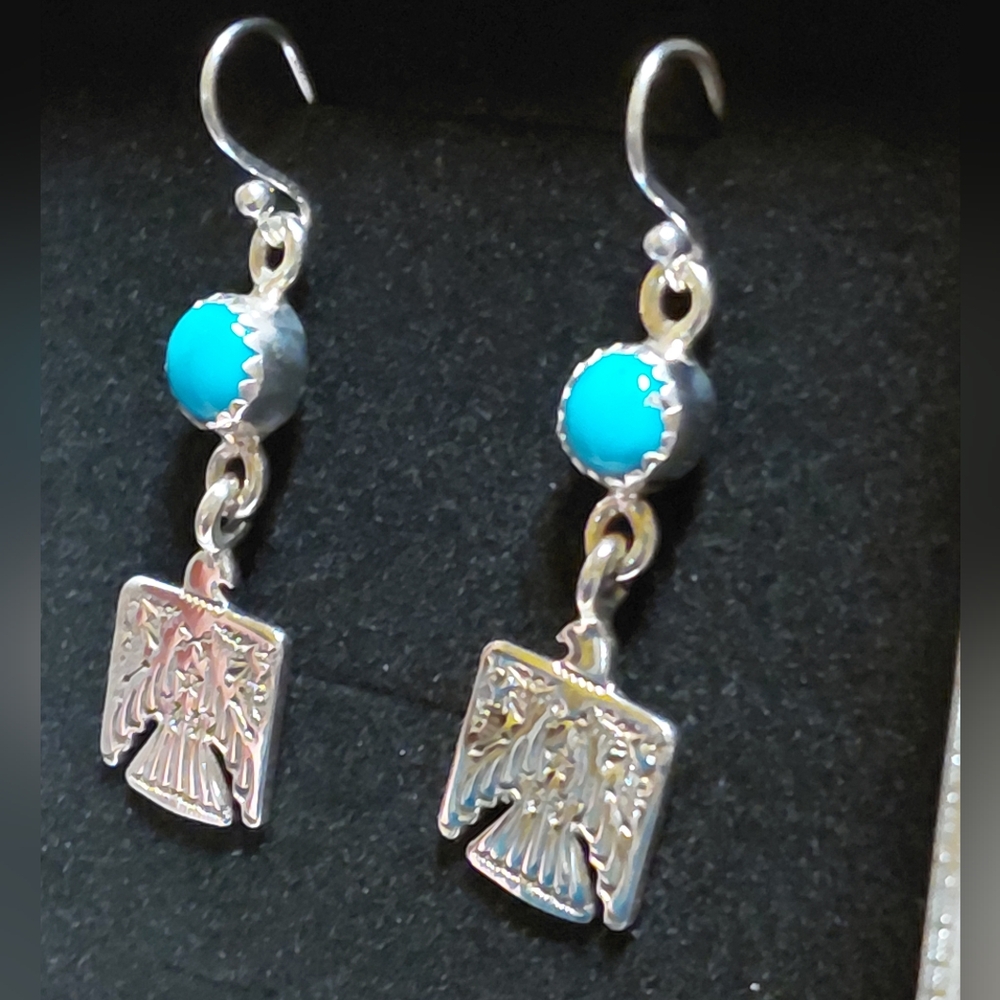 Silver and Turquoise Eagle Dangle Earrings - Picture 3 of 8